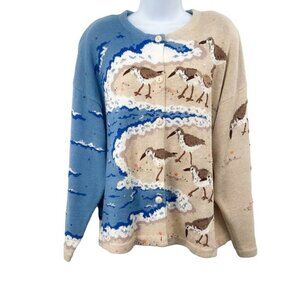 Vintage Design Options Seagull Beach Ocean Beaded Sequin Cardigan Sweater Top